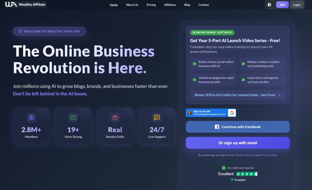 Wealthy Affiliate Homepage showing how to start at the platform and how to create your own website