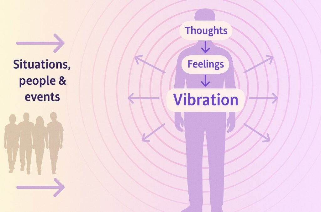 Diagram with the Law of Attraction explained showing a person whose thoughts become feelings which become vibration that then attracts situations, people and events