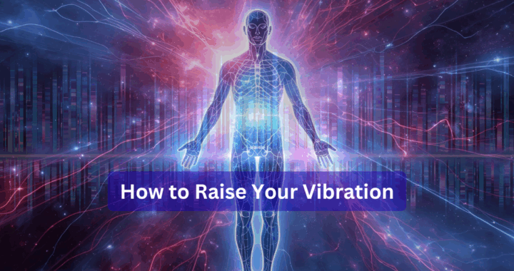 Ethereal person's energy body shown on a background of oscilating waves to represent how to raise your vibrational frequency