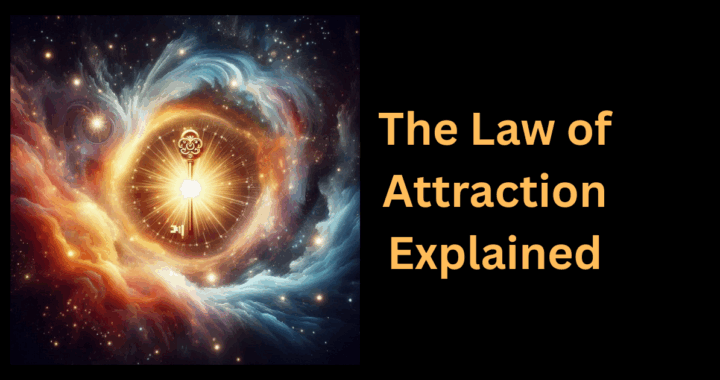 graphic showing a golden key floating in the universe to represent unlocking the law of attraction