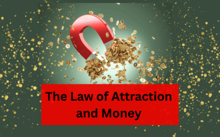 Large magnet attracting gold coins with text overlay about the Law of Attraction and money