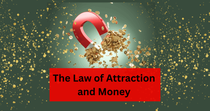 Large magnet attracting gold coins with text overlay about the Law of Attraction and money