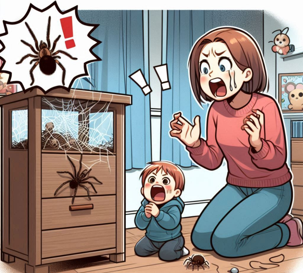 parent and child screaming at a spider