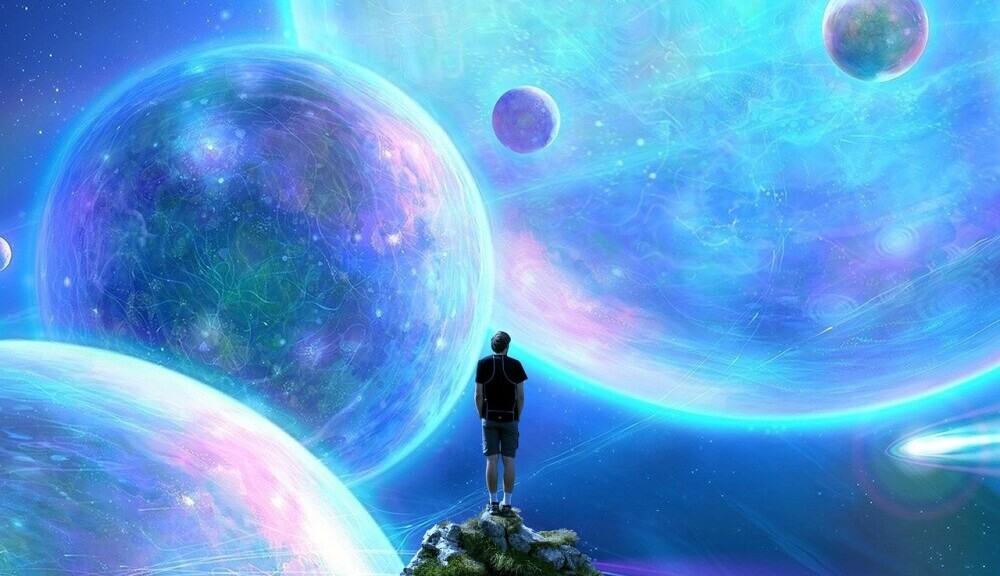 man looking at universes