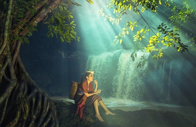 a woman sitting in a forest
