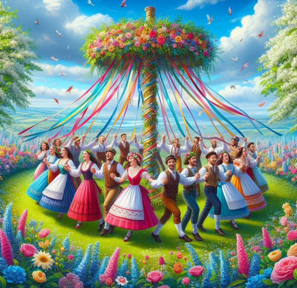 People dancing round a May pole
