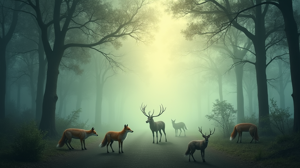 atmospheric woodland with mist and wildlife being observed in meditation to find your spirit animal 