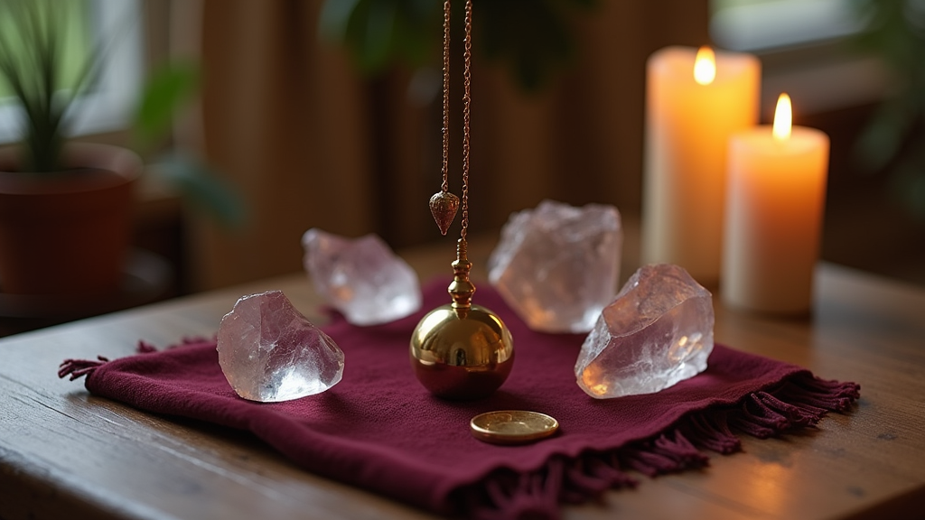 brass pendulum swinging over purple silk and crystals