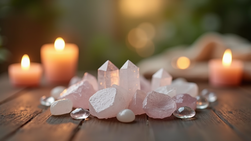 crystals on a wooden table surrounded by candlelight, with a peaceful, meditative atmosphere