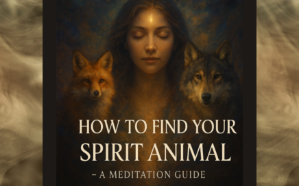 A woman meditating with a fox and a wolf sat next to her