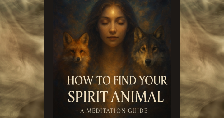 A woman meditating with a fox and a wolf sat next to her