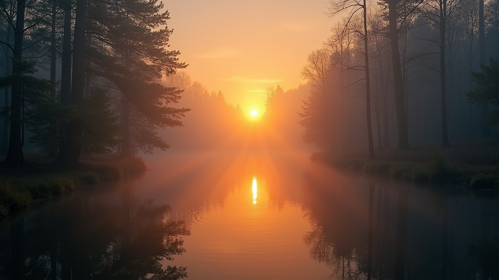 Sunrise shining through a misty forest, creating a serene and reflective atmosphere. Key image in The amazing power of gratitude.
