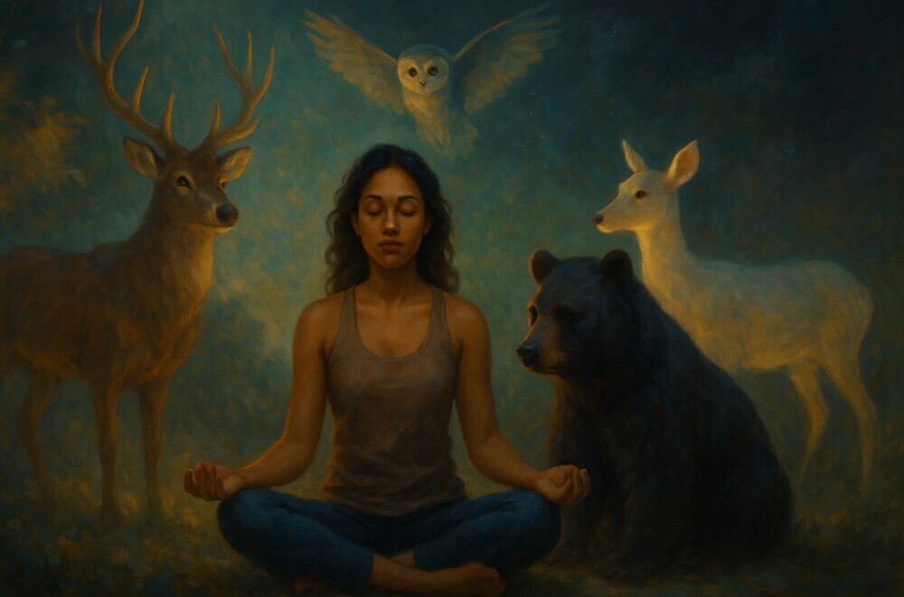 woman meditating surrounded by several animals