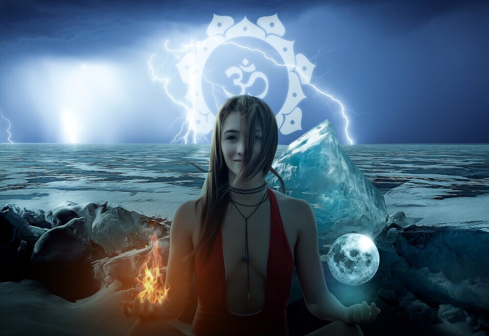 Graphic showing woman and OM symbol