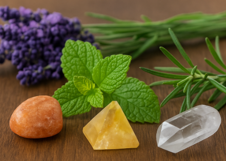 lavender, mint, rosemary and crytsals on a table