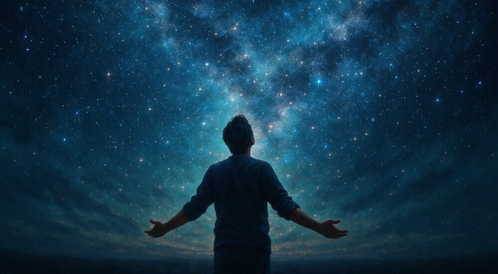 Man looking up at the universe asking what is enlightenment