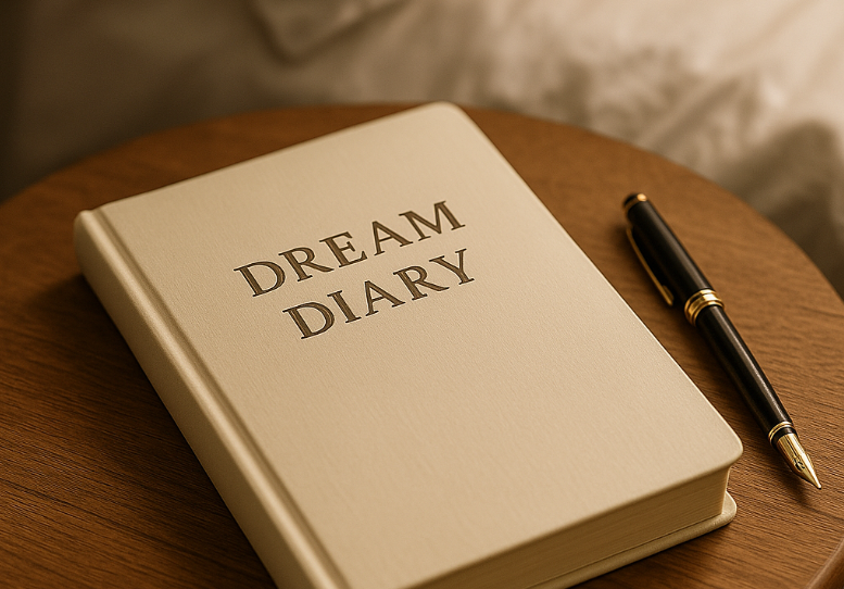 a dream diary and pen on a bedside table