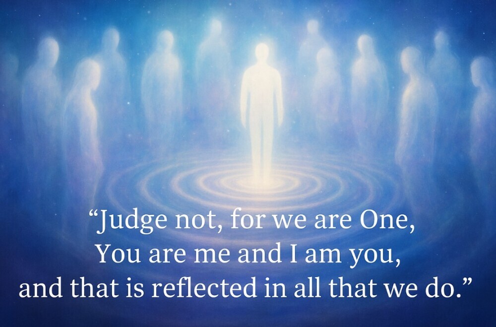 A light being standing in a circle surrounded by other light beings with the quote; judge not, for we are one