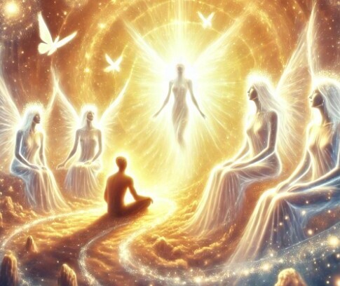A representation of a soul in heaven surrounded by light beings and love