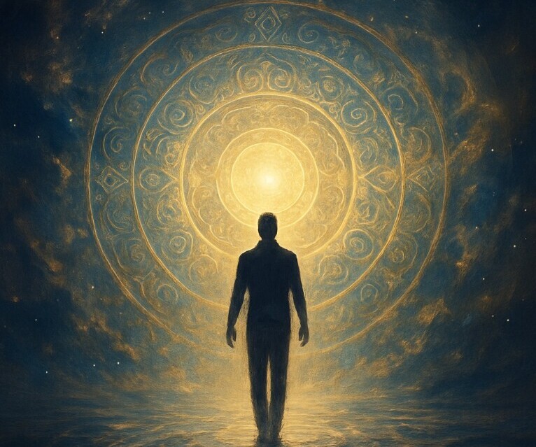 a silhouetted person standing in front of a circular doorway, centre of which is light