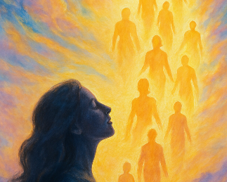 an artist's impression of a woman with spiritual people behind her as if she is remembering a past life for children's memories of past lives