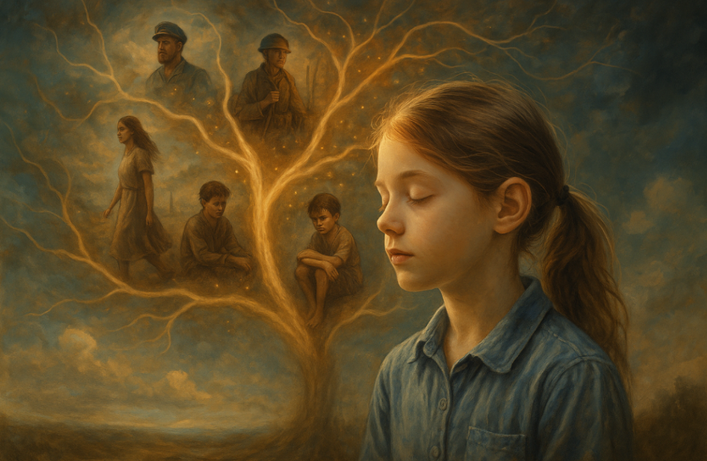 An artist impression of a young girl sat with eyes closed - behind her is a tree showing different past lives