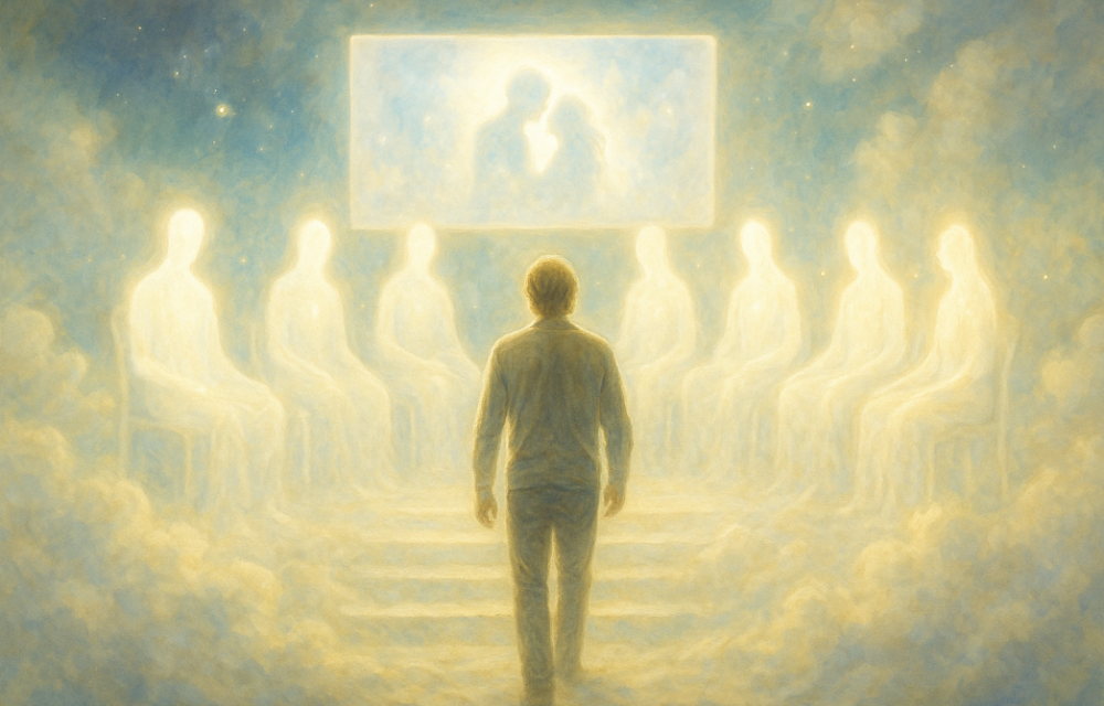 An artist's representation of a life review with a man watching his life on a screen, surrounded by light beings