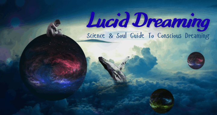 Image of man in a fantastical background sitting on a globe with a whale seemingly jumping out of the clouds