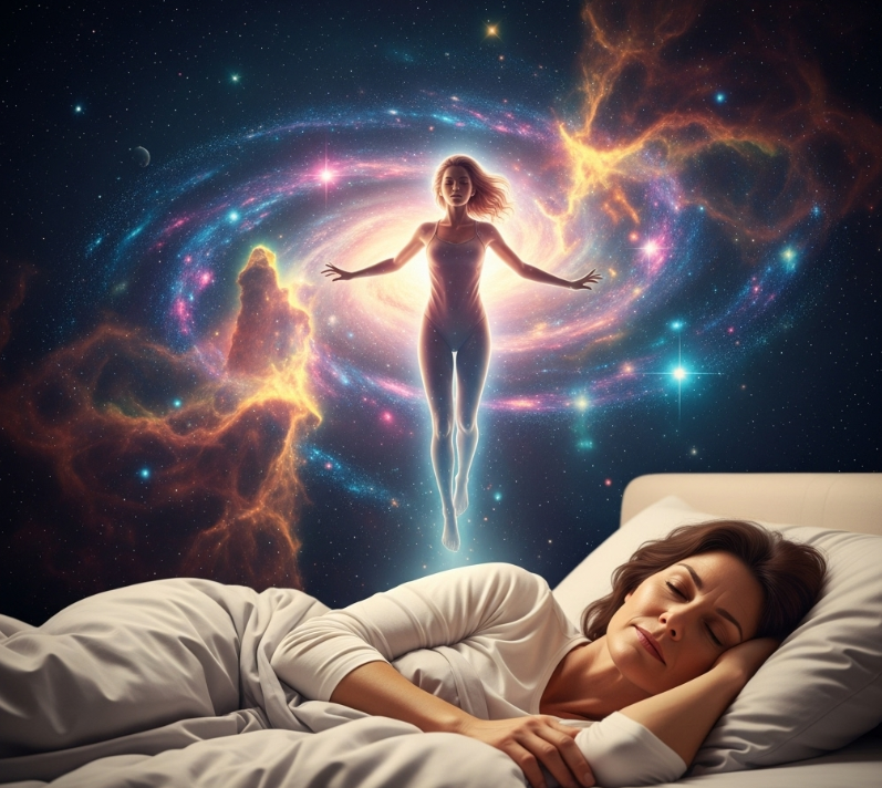 middle aged woman in bed dreaming of astral travel