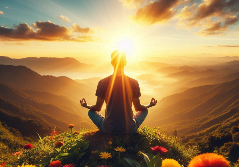 person meditating at sunset