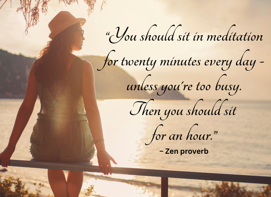woman sitting on bench looking at sunset with zen proverb