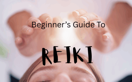 A woman receiving Reiki therapy with text overlay