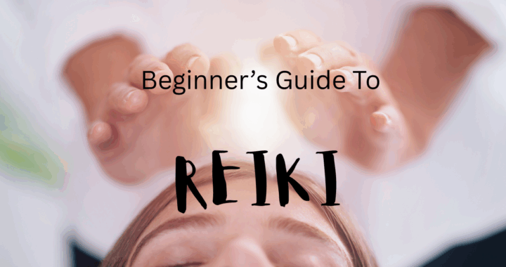 A woman receiving Reiki therapy with text overlay