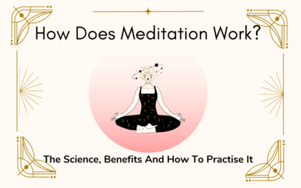 Graphic showing woman in meditation pose with text overlay