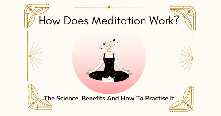 Graphic showing woman in meditation pose with text overlay