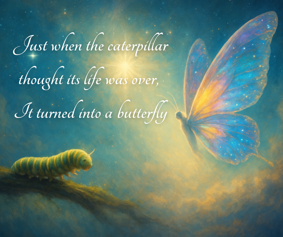 A caterpillar and a butterfly and text overlay suggesting that the 'death' of the caterpillar is the start of the life of the butterfly