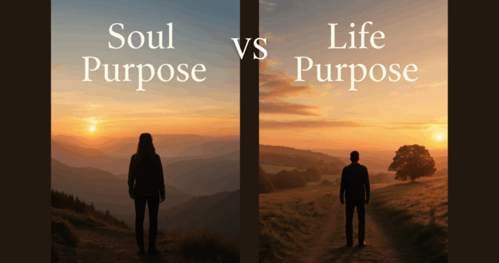 Split screen showing 2 people looking at a sunset with the title "Soul purpose vs Life purpose"