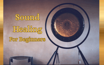 Large gong used for gong baths and sound healing with text overlay