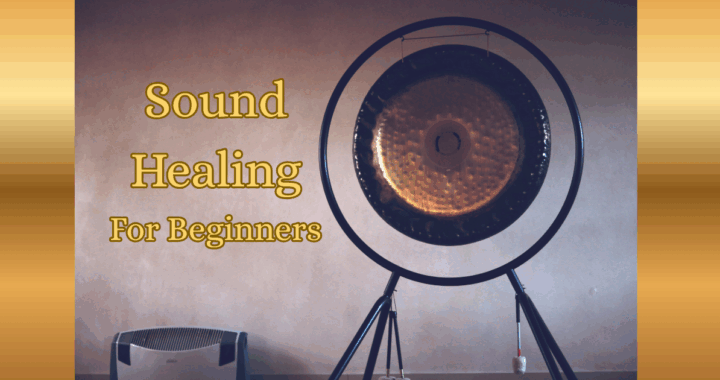 Large gong used for gong baths and sound healing with text overlay