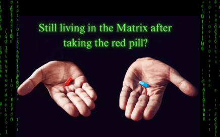 two hands against a black background - one holding a red pill, the other holding a blue pill