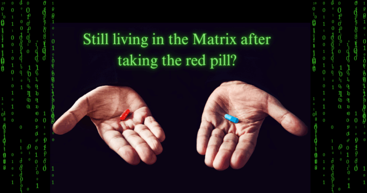 two hands against a black background - one holding a red pill, the other holding a blue pill