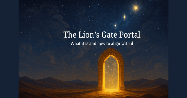 A golden gate against a cosmic background representing the lion's gate portal