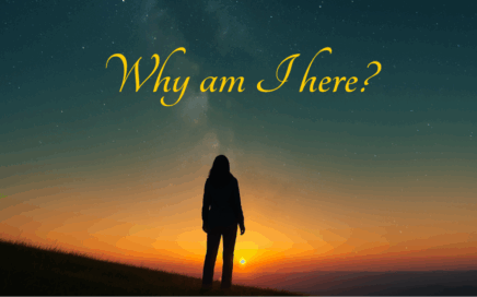 Woman in silhouette looking at the universe at sunset with text "why am I here?"