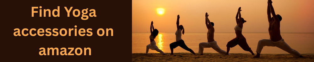5 people in a line, doing a yoga move on the beach at sunset with text overlay about Amazon