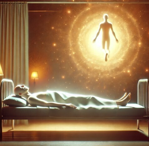 A body lying on a hospital bed and the soul of the person entering a tunnel of light to show what happens when we die