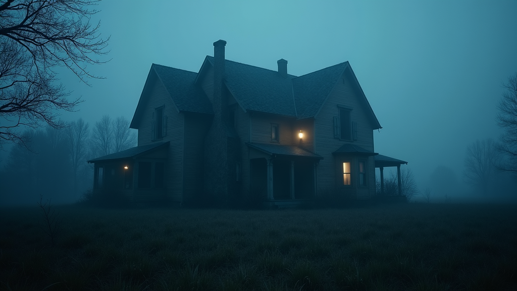 A foggy, old abandoned house with an eerie, mysterious glow at dusk.