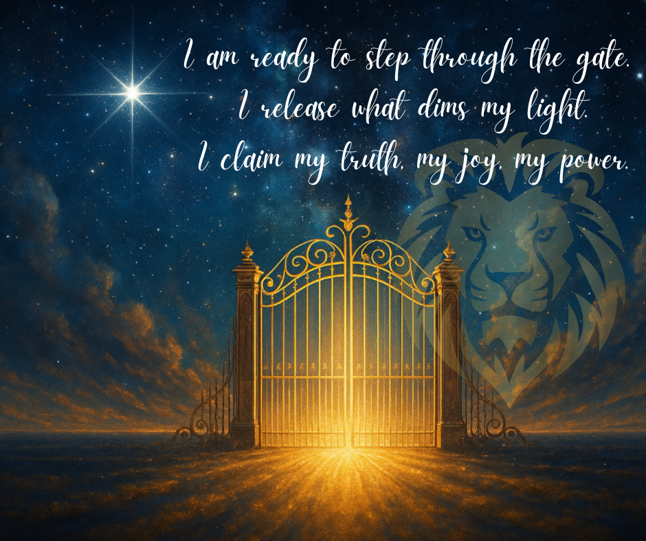 a golden gate and symbolic lion's head and star representing the lion's gate portal