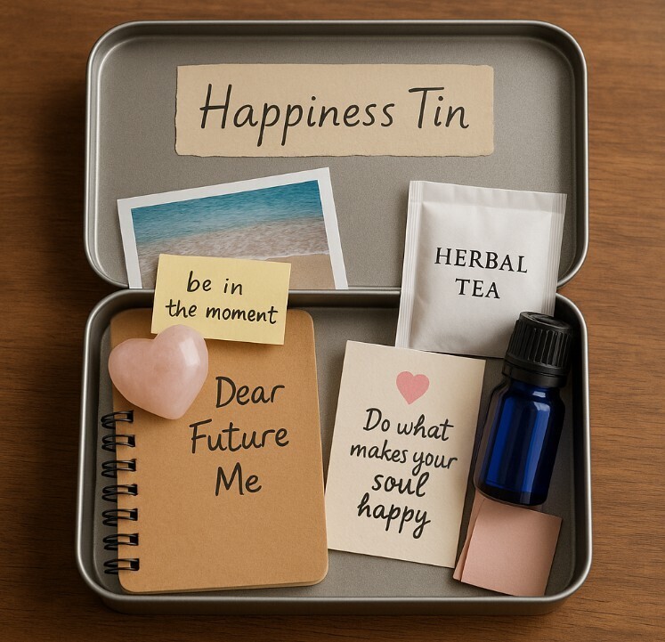 A small tin labelled happiness tin containing various items such as a journal, a teabag and a candle to represent a happiness tin for personal wellness plans