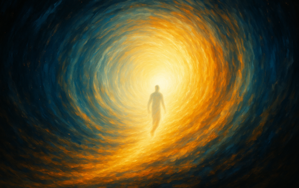 A soul travelling through a tunnel of light after death