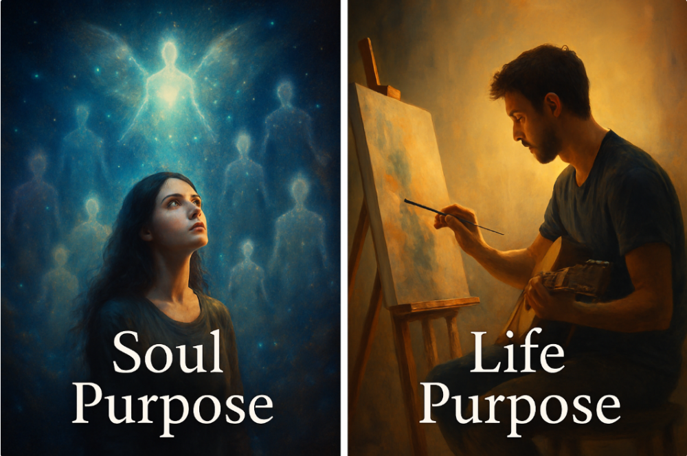 A split image showing a girl and some angels on one side, and a man painting a picture on the other.